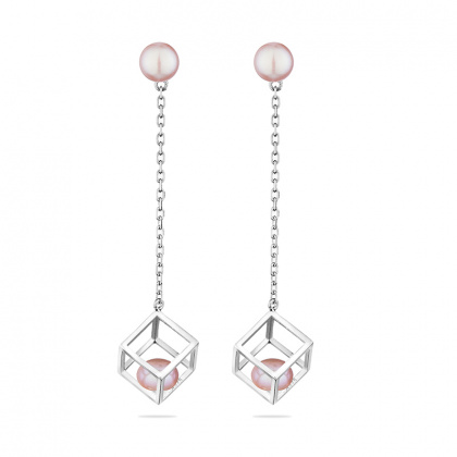 Сребърни обеци куб с розови перли