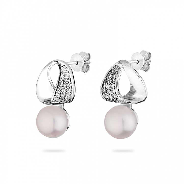 Сребърни обеци с бели перли и цирконий