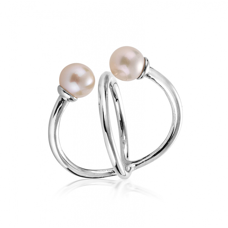 Сребърен пръстен с две бели перлички