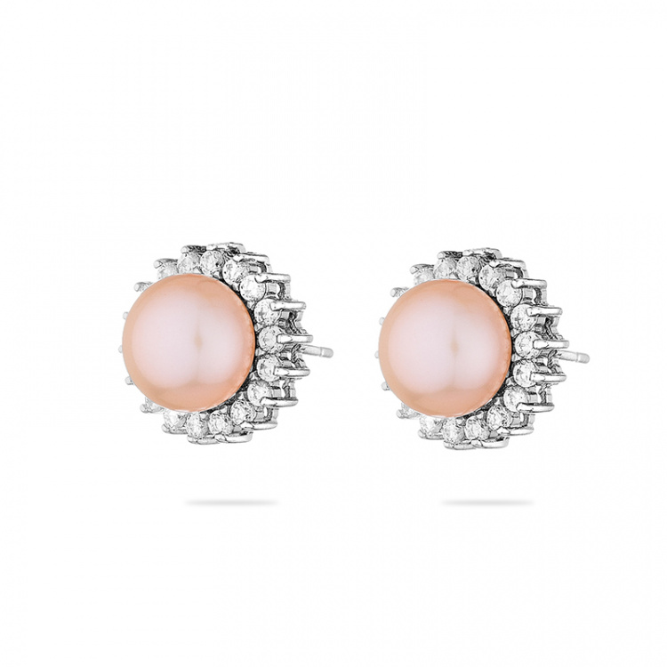 Сребърни обеци слънце с розови перли и цирконий
