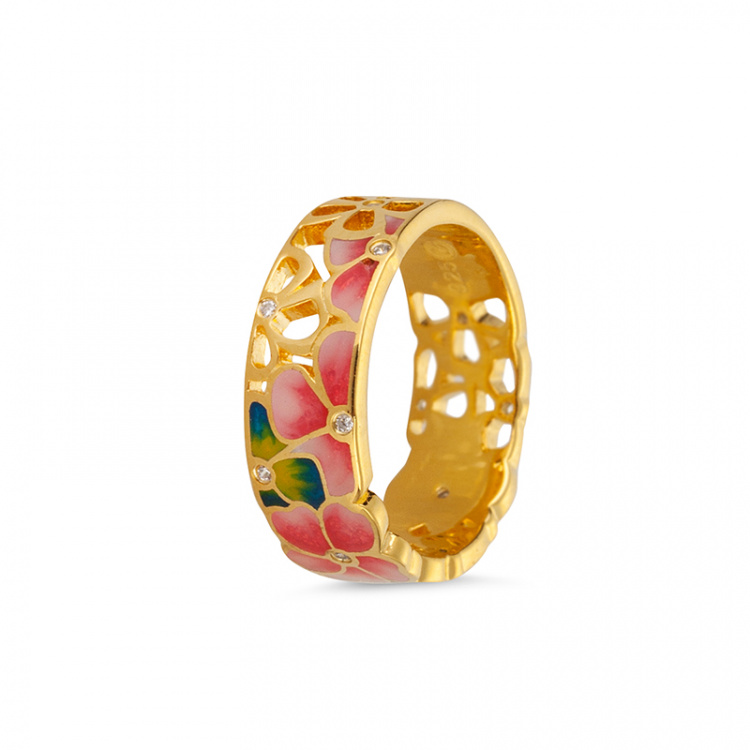 Позлатен пръстен с розови цветя