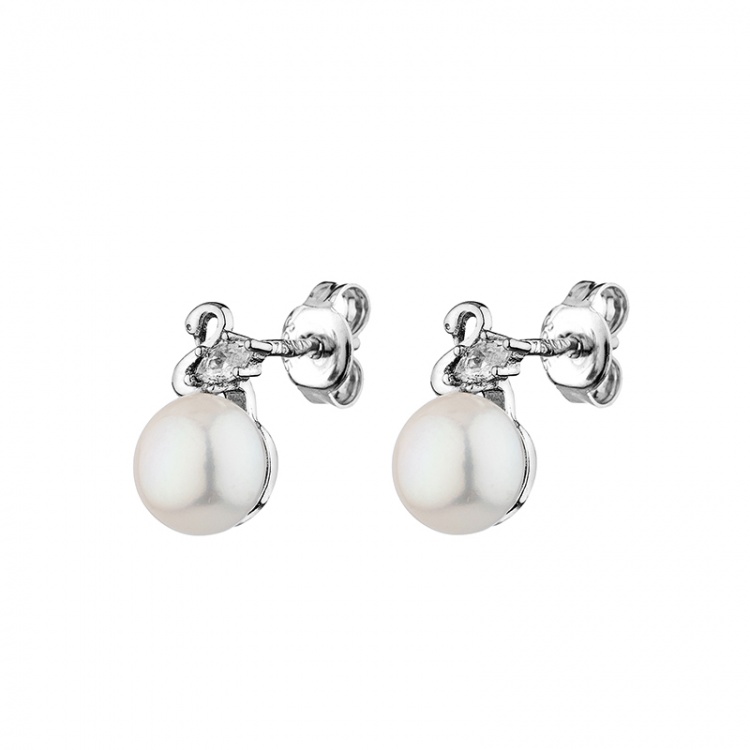 Сребърни обеци лебед с бели перли