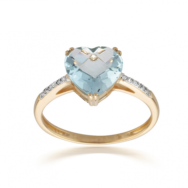Златен пръстен сърце с син топаз и диаманти