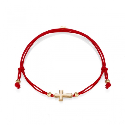 Златна гривна с хипоалергенен червен конец с кръстче - жълто злато 585