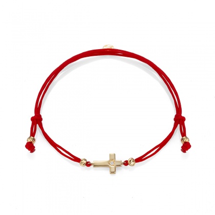 Златна гривна с хипоалергенен червен конец с кръстче и цирконий - жълто злато 585