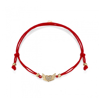 Златна гривна с хипоалергенен червен конец със сърце с крила - жълто злато 585