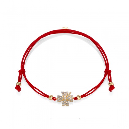 Златна гривна с хипоалергенен червен конец с детелина - жълто злато 585