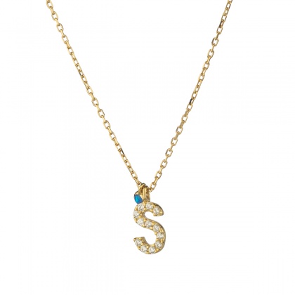 Златно колие с буква S със синьо око опал - жълто злато 585