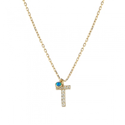 Златно колие с буква Т със синьо око опал - жълто злато 585