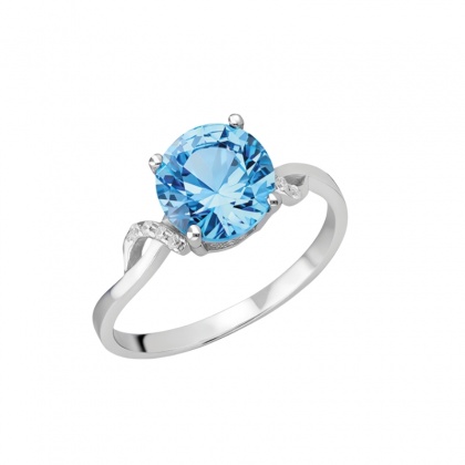 Златен пръстен със син цирконий - бяло злато