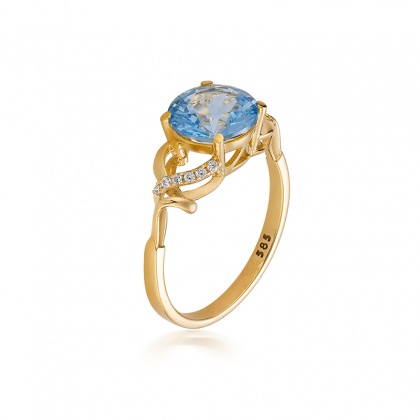 Златен пръстен със син цирконий - жълто злато