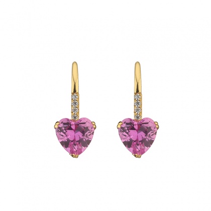 Златни обеци сърца с розов цирконий - жълто злато