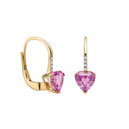 Златни обеци сърца с розов цирконий - жълто злато