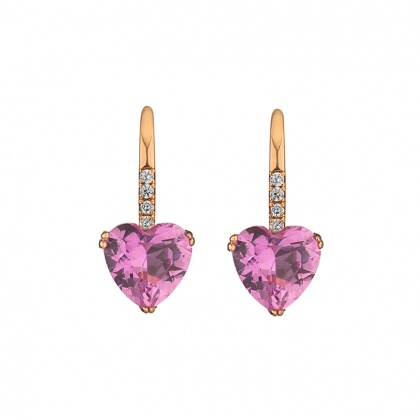 Златни обеци сърца с розов цирконий - розово злато
