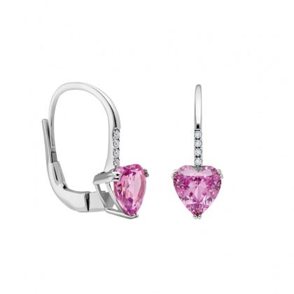 Златни обеци сърца с розов цирконий - бяло злато