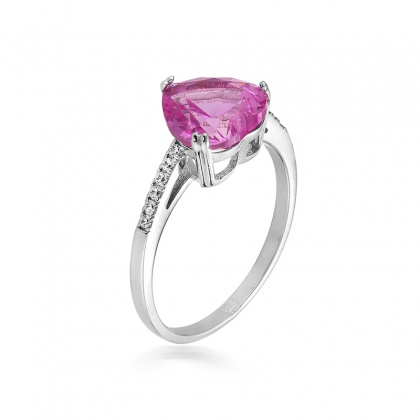 Златен пръстен с розов цирконий - бяло злато