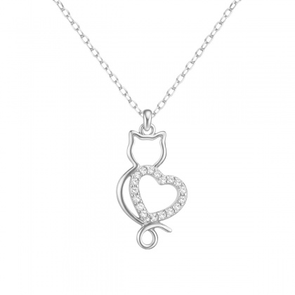 Сребърно колие коте със сърце