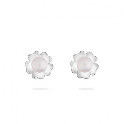 Сребърни обеци цветя с бели перли и цирконий