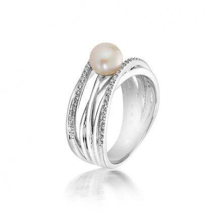 Сребърен пръстен бяла перла и цирконий