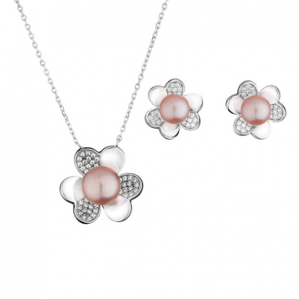 Сребърен комплект цветя с розови перли