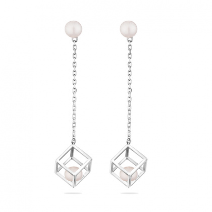 Сребърни обеци куб с бели перли