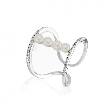 Сребърен пръстен бели перли и цирконий