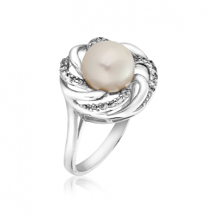 Сребърен пръстен с бяла перла и цирконий