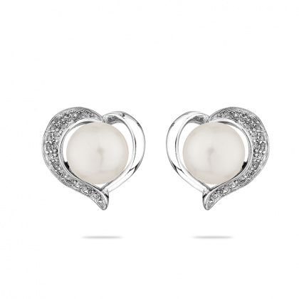 Сребърни обеци сърца с бели перли