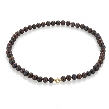 Огърлица с черни сладководни перли 7,5-8 мм и закопчалка от жълто злато 18К