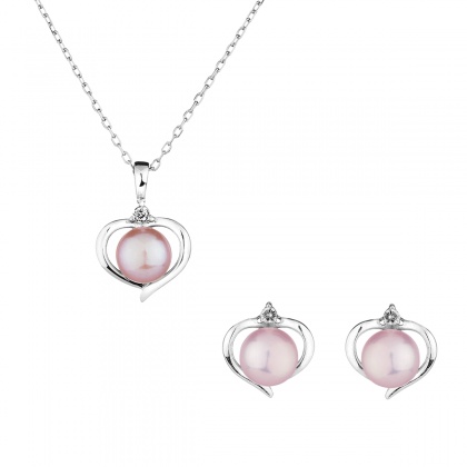 Сребърен комплект сърце с розови перли