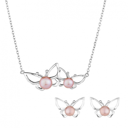 Сребърен комплект пеперуди с розови перли