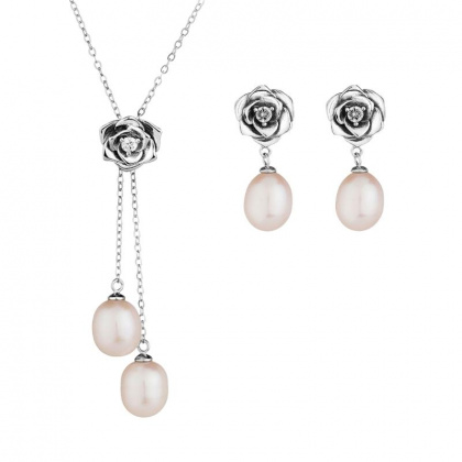 Сребърен комплект роза с бели перли