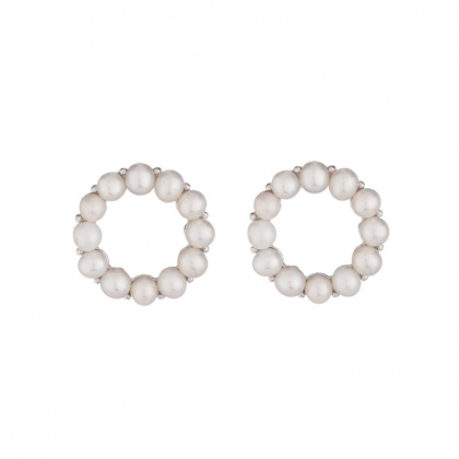 Сребърни обици кръгче с бели перли