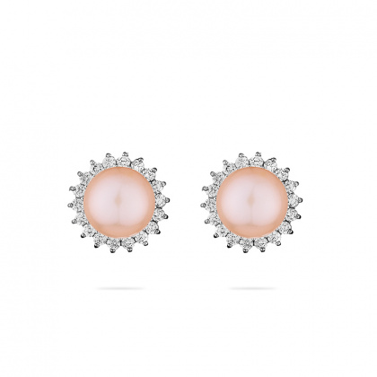 Сребърни обеци слънце с розови перли и цирконий