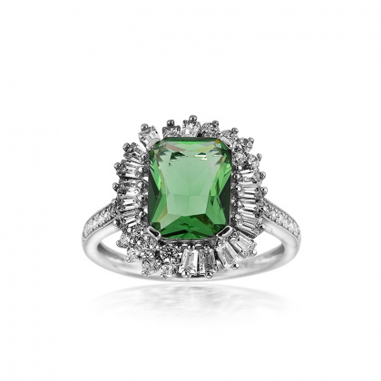 Сребърен пръстен със зелен кубичен цирконий