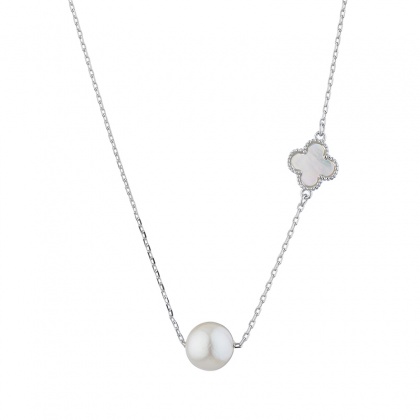 Сребърно колие с бяла перла и детелина
