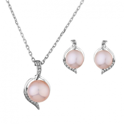 Сребърен комплект с розови перли
