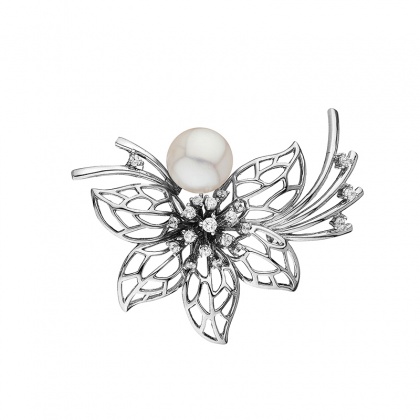 Сребърна брошка цвете с бели перли