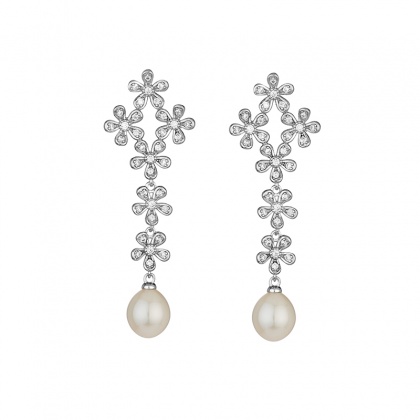 Сребърни обеци цветя с бели перли