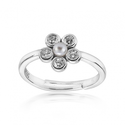 Сребърен пръстен цвете с бяла перла