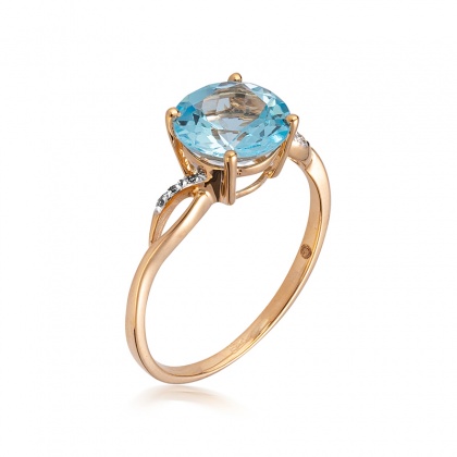 Златен пръстен от розово злато със син топаз и диаманти