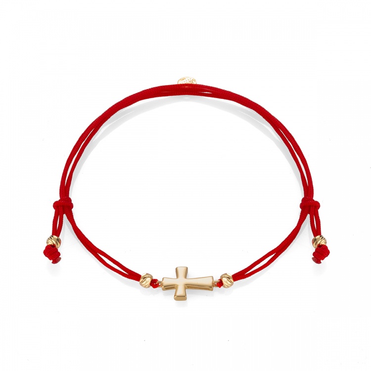Златна гривна с хипоалергенен червен конец с кръстче - жълто злато 585