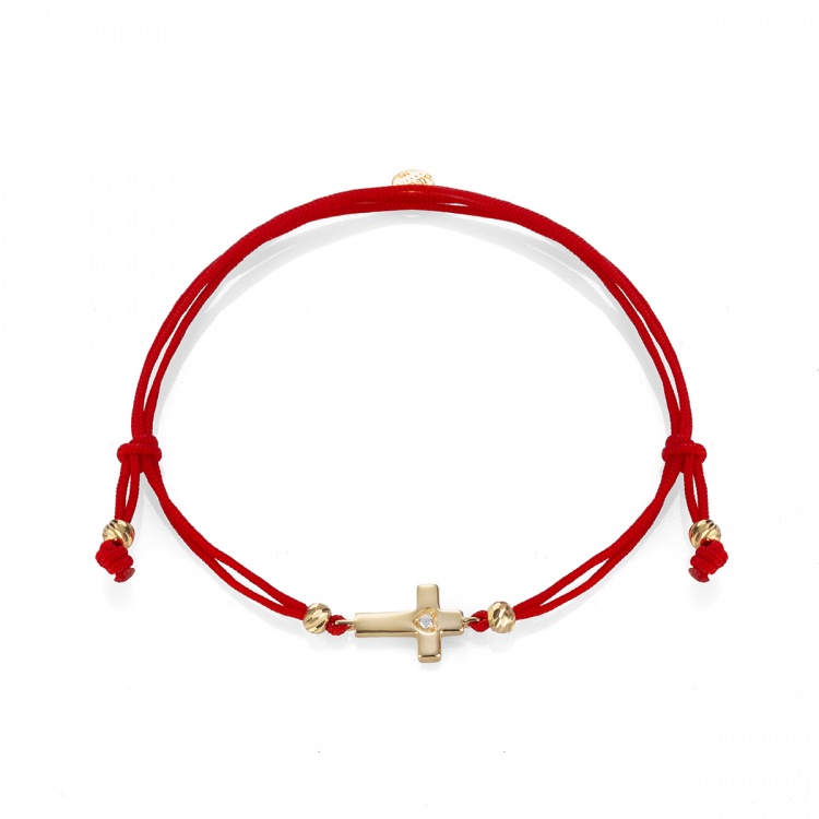 Златна гривна с хипоалергенен червен конец с кръстче и цирконий - жълто злато 585