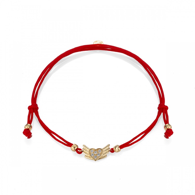 Златна гривна с хипоалергенен червен конец със сърце с крила - жълто злато 585