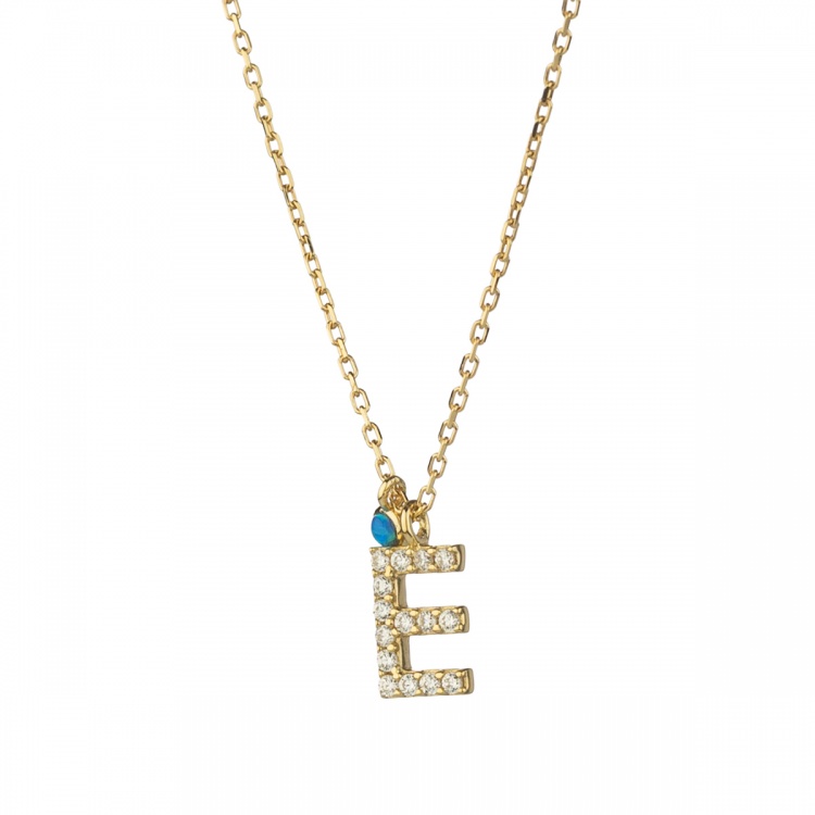 Златно колие с буква E със синьо око опал - жълто злато 585