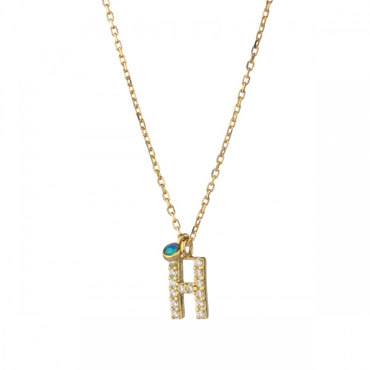 Златно колие с буква H със синьо око опал - жълто злато 585