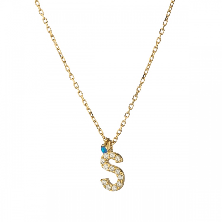 Златно колие с буква S със синьо око опал - жълто злато 585