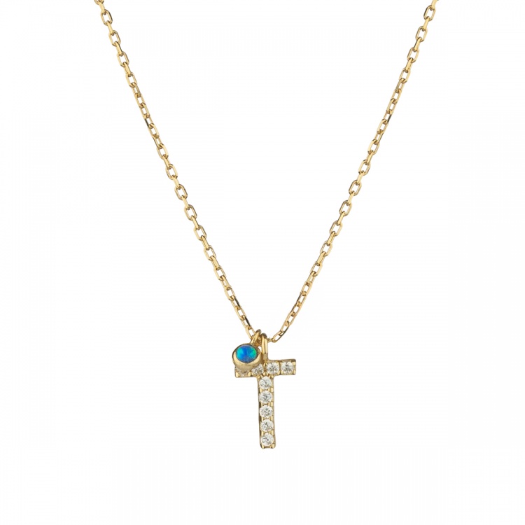 Златно колие с буква Т със синьо око опал - жълто злато 585