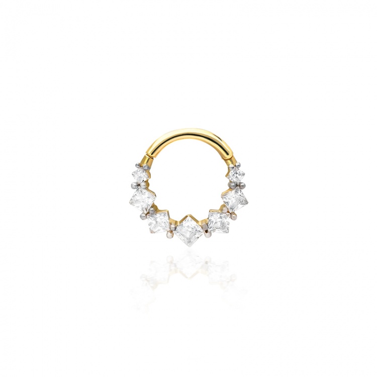 Пиърсинг за ушите халка с цирконий - жълто злато 585