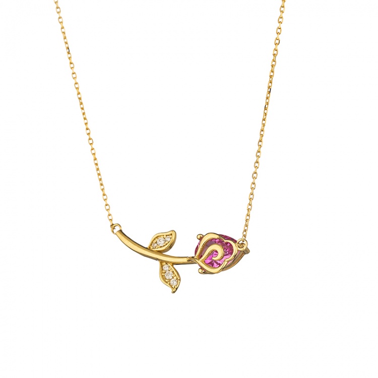 Златно колие роза с розов цирконий